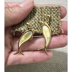 Vintage Goldtone Dolphin Earrings Moonstone Costal READ